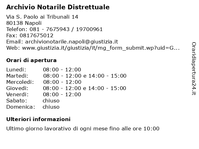 Orari di apertura Archivio Notarile Distrettuale Via S